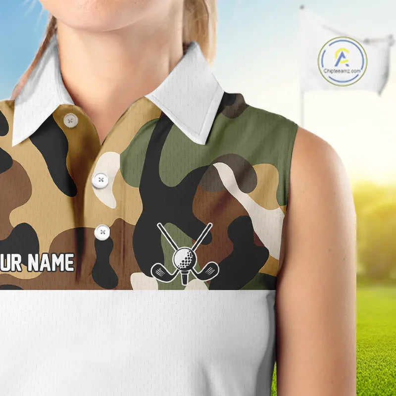 Funny Womens Sleeveless Golf Polo Shirt Custom Cowboy Golf Ball Camo Pattern Golf Outfits, Golf Gifts NHN0103