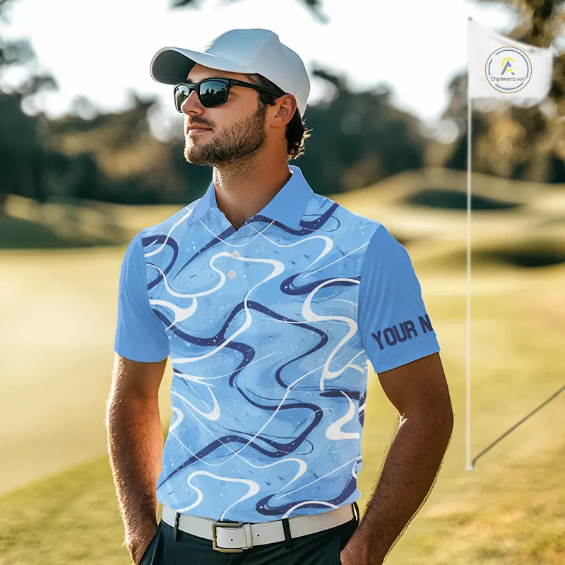 Blue And White Mens Golf Polo Shirts Custom Blue Camo Golf Tops For Men, Personalized Golf Gifts NHN0112