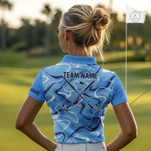 Load image into Gallery viewer, Blue And White Womens Golf Polo Shirts Custom Blue Camo Golf Tops For Ladies, Personalized Golf Gifts NHN0112