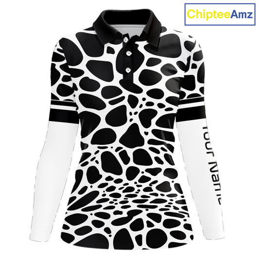 Womens Long Sleeve Golf Polo Shirt Custom White Animal Mix Leopard Skin Prints Pattern Team Golf Tops NHN0230