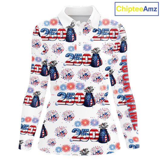 America 250th Anniversary Womens Long Sleeve Golf Polo Shirt, Patriotic USA Golf Shirt, Golf Gift NHN0233