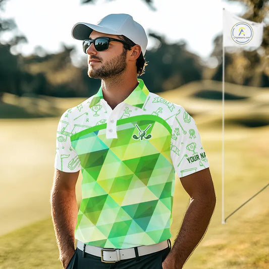 Green Geometric Triangle Pattern Mens Golf Polo Shirt Custom Golf Clubs & Golf Ball Mens Golf Tops NHN0121