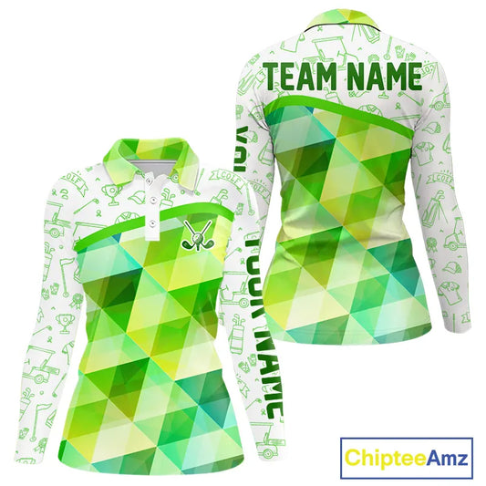 Green Geometric Triangle Womens Long Sleeve Golf Polo Shirt Custom Golf Clubs & Golf Ball Golf Tops NHN0121