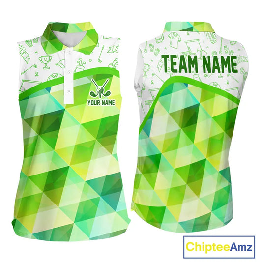 Green Geometric Triangle Womens Sleeveless Golf Polo Shirt Custom Golf Clubs & Golf Ball Ladies Golf Tops NHN0121