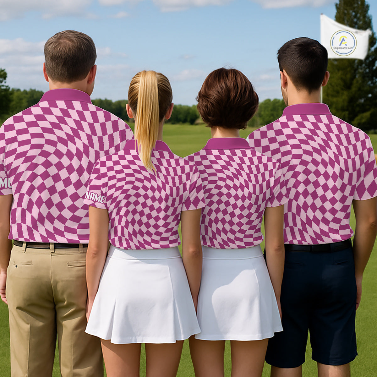 Plaid Womens Golf Polo Shirt Custom Purple & Pink Checkerboard Argyle Pattern Golf Shirts For Ladies NHN0128