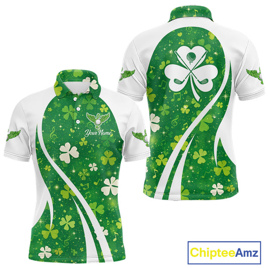 Mens Golf Polo Shirt Custom Name Green Music Angel Wing Golf Ball St Patrick’S Day Golf Outfit NHN0133