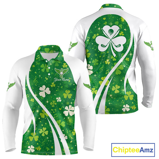 Long Sleeve Golf Polo Shirt Custom Name Green Music Angel Wing Golf Ball St Patrick’S Day Shirt NHN0133