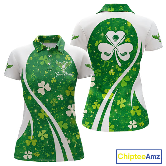 Womens Golf Polo Shirt Custom Name Green Music Angel Wing Golf Ball St Patrick’S Day Golf Outfit NHN0133
