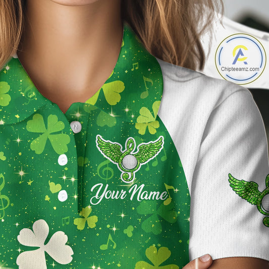 Womens Golf Polo Shirt Custom Name Green Music Angel Wing Golf Ball St Patrick’S Day Golf Outfit NHN0133