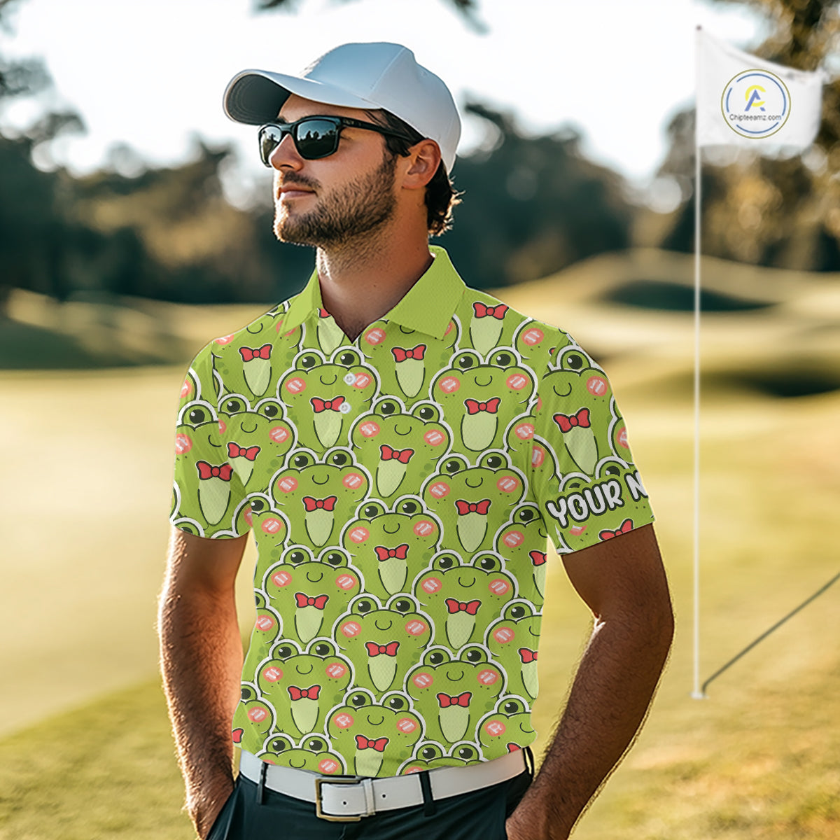 Funny Green Frog Pattern Mens Golf Polo Shirt Custom Golf Attire For Men, Golfer Gift NHN0146