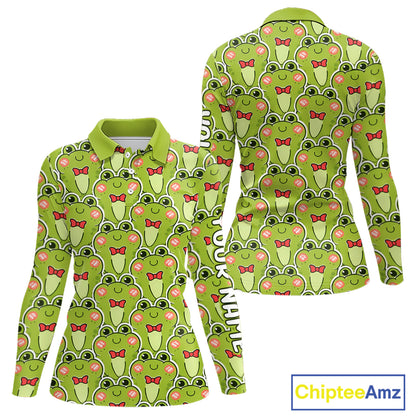 Funny Green Frog Pattern Womens Long Sleeve Golf Polo Shirt Custom Golf Attire For Ladies, Golfer Gift NHN0146