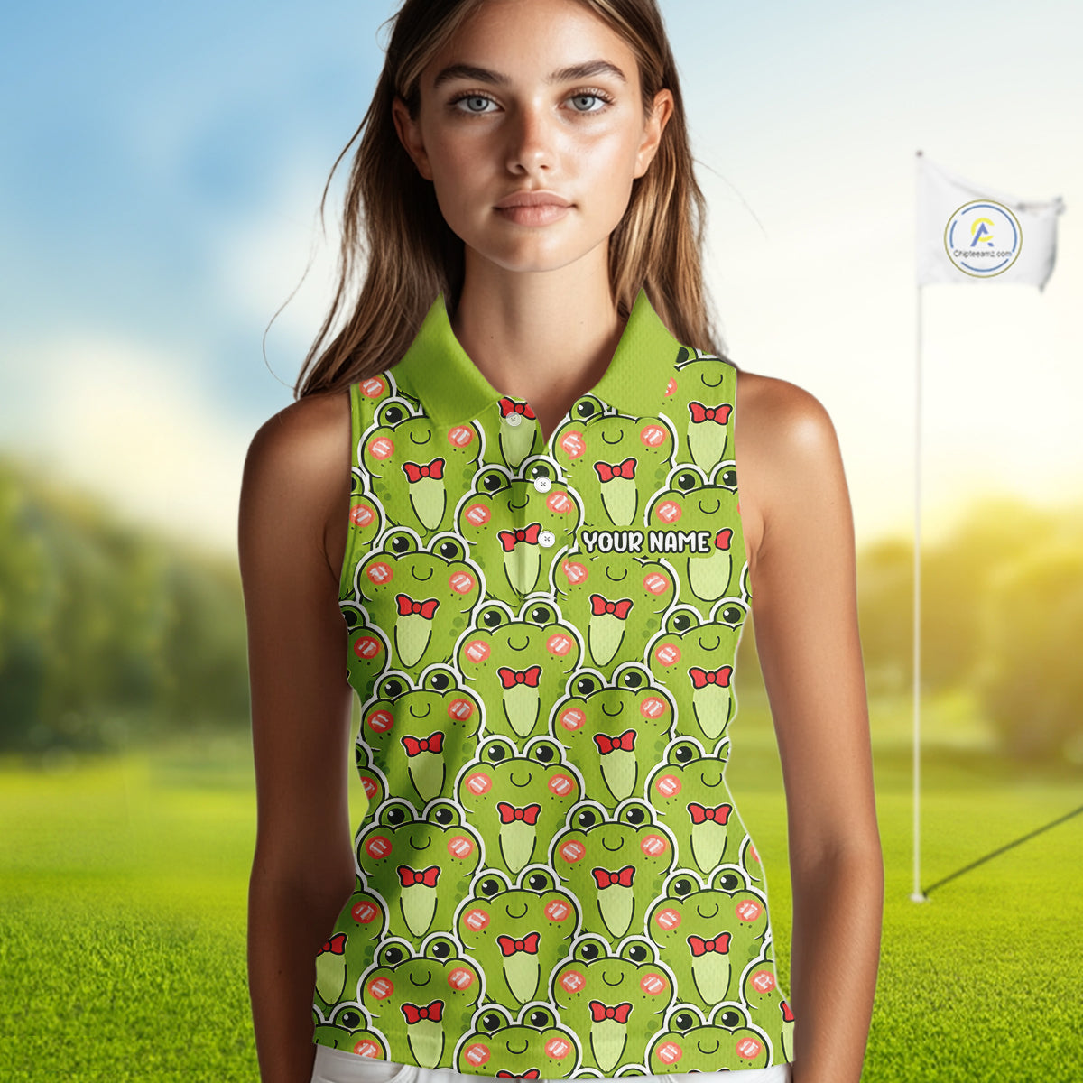 Funny Green Frog Pattern Womens Sleeveless Golf Polo Shirt Custom Golf Attire For Ladies, Golfer Gift NHN0146