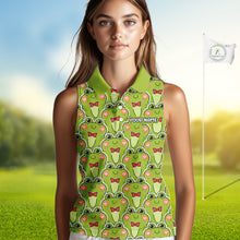 Load image into Gallery viewer, Funny Green Frog Pattern Womens Sleeveless Golf Polo Shirt Custom Golf Attire For Ladies, Golfer Gift NHN0146