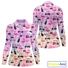 Load image into Gallery viewer, Womens Long Sleeve Golf Polo Shirts Custom Funny Flamingo Heart Pattern Team Ladies Golf Top, Golf Gift NHN0176