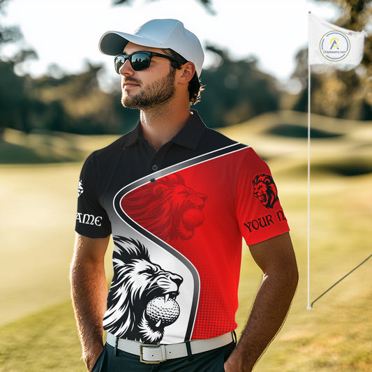 Lion Mens Golf Polo Shirt Custom Red And Black Pattern Lion Golf Ball Best Golf Shirt For Men NHN0058