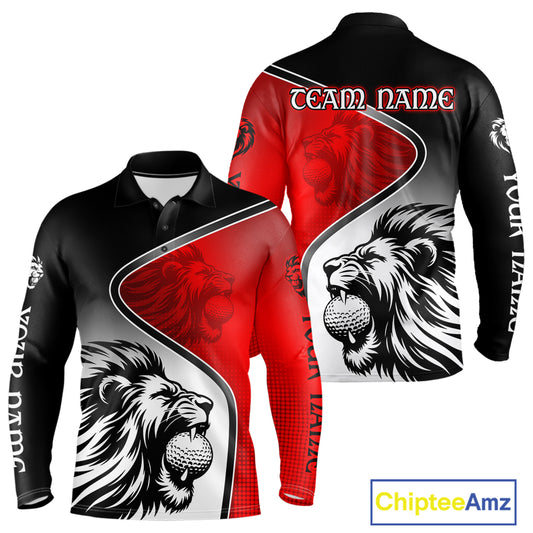 Lion Mens Golf Polo Shirt Long Sleeve Custom Red & Black Pattern Lion Golf Ball Best Golf Shirt For Men NHN0058
