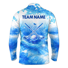 Load image into Gallery viewer, Blue Long Sleeve Golf Polo Shirt Custom Water Splash Pattern With Golf Ball, Group Name Golf Tops NHN0219