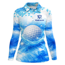Load image into Gallery viewer, Blue Womens Long Sleeve Golf Polo Shirt Custom Water Splash Pattern With Golf Ball, Team Golf Tops NHN0219