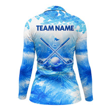 Load image into Gallery viewer, Blue Womens Long Sleeve Golf Polo Shirt Custom Water Splash Pattern With Golf Ball, Team Golf Tops NHN0219
