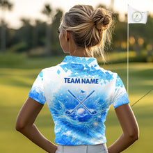 Load image into Gallery viewer, Luxury Blue Womens Golf Polo Shirt Custom Water Splash Pattern With Golf Ball Team Name Golf Tops NHN0219
