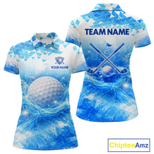 Load image into Gallery viewer, Luxury Blue Womens Golf Polo Shirt Custom Water Splash Pattern With Golf Ball Team Name Golf Tops NHN0219