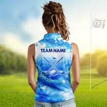 Load image into Gallery viewer, Blue Womens Sleeveless Golf Polo Shirt Custom Water Splash Pattern With Golf Ball Team Golf Top NHN0219