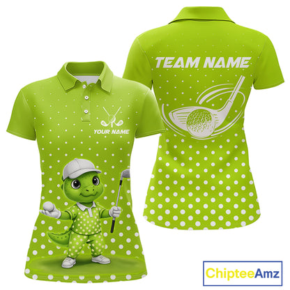 Funny Dinosaur Womens Golf Polo Shirt Custom Name Green Pattern Dinosaur Golf Shirts For Ladies NHN0100