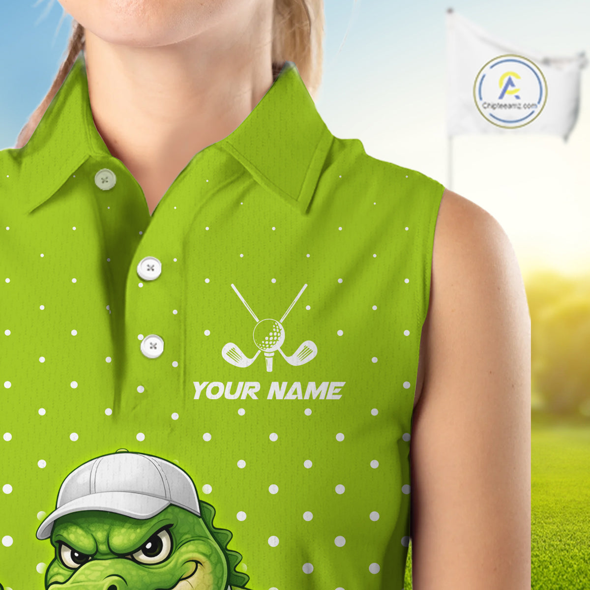 Funny Alligator Womens Sleeveless Golf Polo Shirt Custom Name Green Ladies Golf Apparel Funny Golf Gifts NHN0104