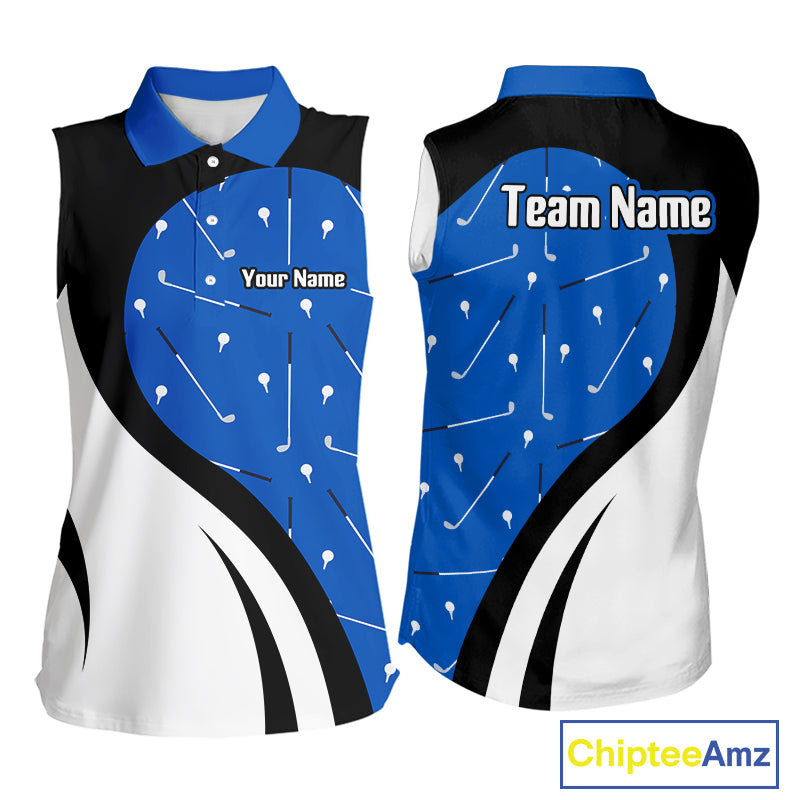 Blue And White Womens Sleeveless Golf Polo Shirt Custom Black Golf Shirts For Ladies, Golf Gifts NHN0109