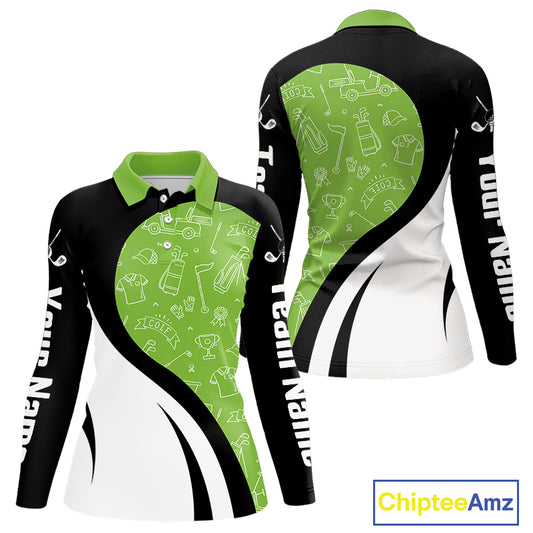 Green And White Womens Long Sleeve Golf Polo Shirt Custom Black Golf Shirts For Ladies, Golf Gifts NHN0110