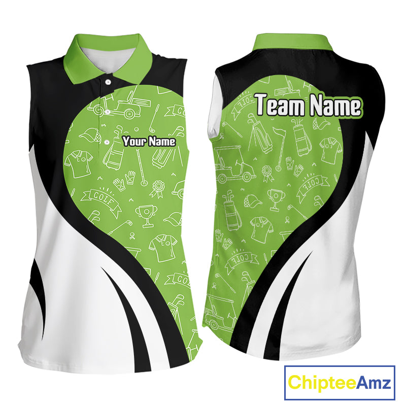 Green And White Womens Sleeveless Golf Polo Shirt Custom Black Golf Shirts For Ladies, Golf Gifts NHN0110