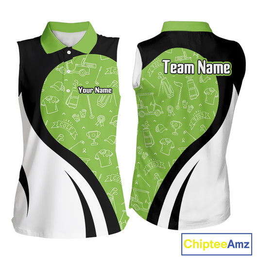 Green And White Womens Sleeveless Golf Polo Shirt Custom Black Golf Shirts For Ladies, Golf Gifts NHN0110
