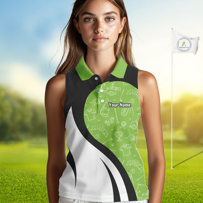 Green And White Womens Sleeveless Golf Polo Shirt Custom Black Golf Shirts For Ladies, Golf Gifts NHN0110