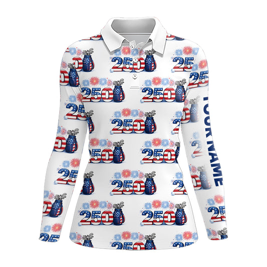USA 250th Anniversary Womens Long Sleeve Golf Polo Shirt Custom Golf Pattern Patriotic Golf Tops NHN0234