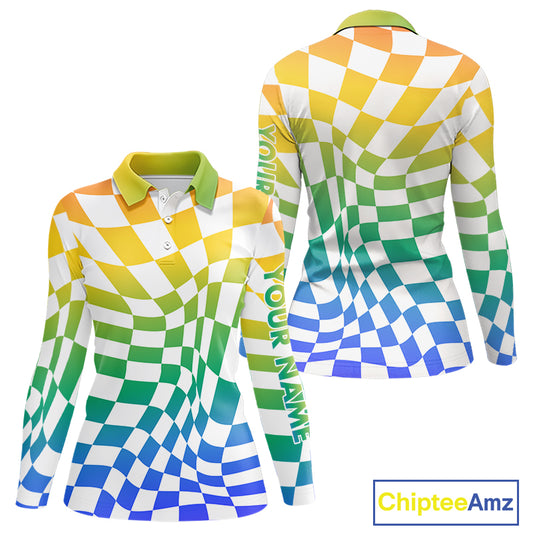 Womens Long Sleeve Golf Polo Shirt Custom Colorful Checkerboard Argyle Pattern Golf Shirts For Ladies NHN0127