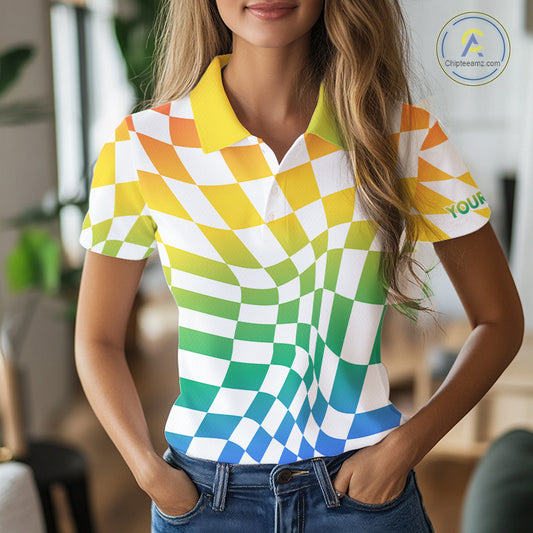 Womens Golf Polo Shirt Custom Colorful Checkerboard Argyle Pattern Golf Shirts For Ladies NHN0127