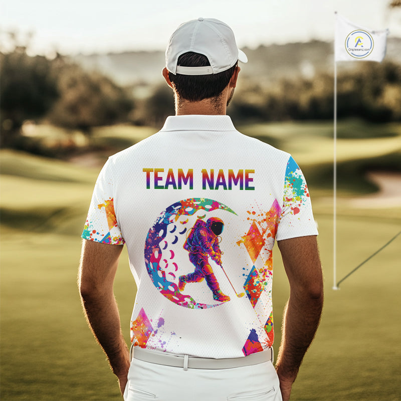 Mens Golf Polo Shirt Argyle Pattern Golf Shirts For Mens Funny Astronaut Watercolor Golf Gifts NHN0006