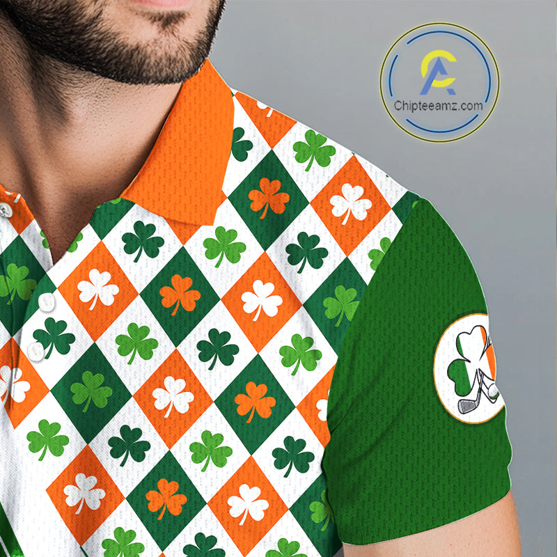Mens Golf Polo Shirts Custom Green Clover St Patricks Day Plaid Pattern Ireland Flag Flame Golf Ball NHN0142
