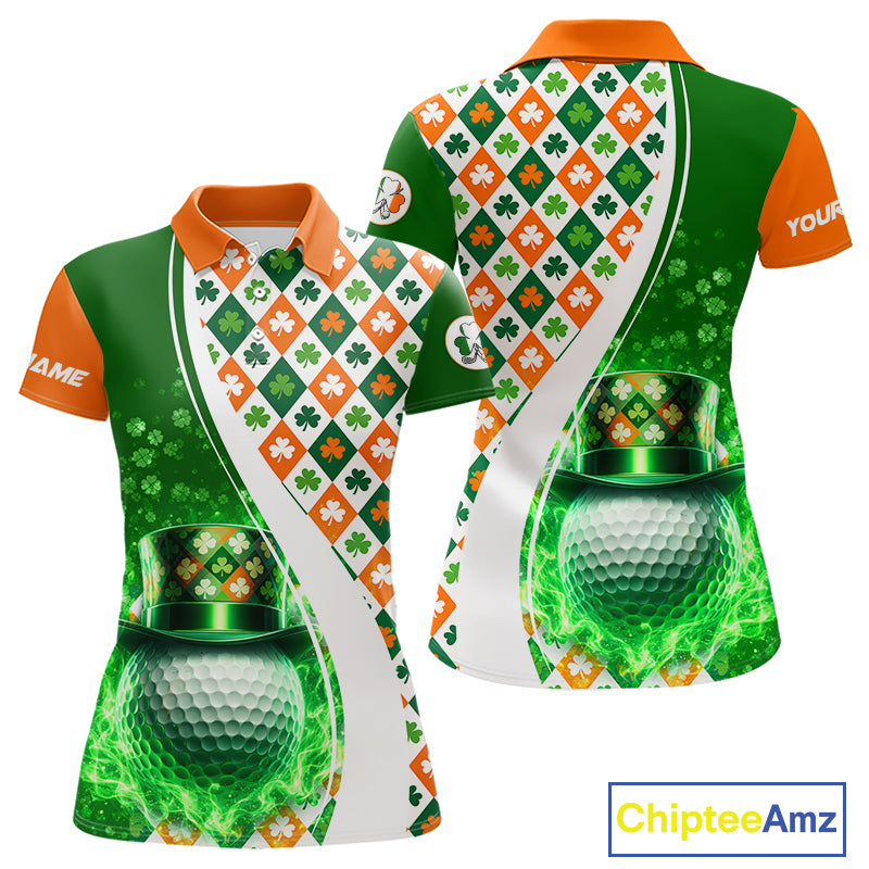 Womens Golf Polos Shirt Custom Green Clover St Patricks Day Plaid Pattern Ireland Flag Flame Golf Ball NHN0142