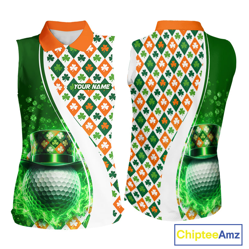 Womens Sleeveless Golf Polo Shirt Custom Green Clover St Patricks Day Plaid Pattern Ireland Flag NHN0142