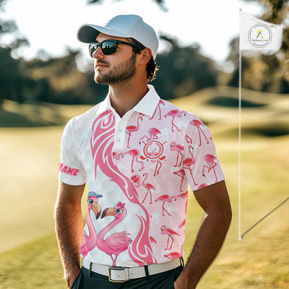 Matching Golf Polo Shirts For Couples, Custom Pink & White Glitter Flamingo Valentine Golf Outfits NHN0026
