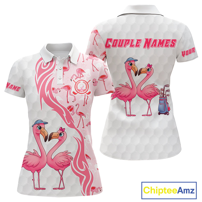 Matching Golf Polo Shirts For Couples, Custom Pink & White Glitter Flamingo Valentine Golf Outfits NHN0026