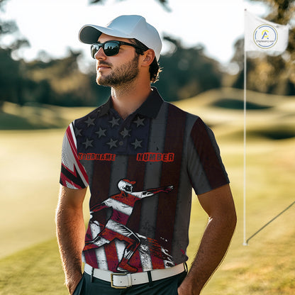 Mens Disc Golf Polo Shirt Custom Name Vintage American Flag Disc Golf Basket Patriotic Golf Shirts  NHN0029