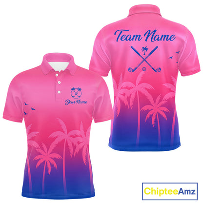 Mens Golf Polo Shirt Custom Pink Blue Palm Pattern Team Golf Tops For Men, Summer Golf Gifts NHN0172