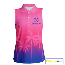 Load image into Gallery viewer, Womens Sleeveless Golf Polo Shirt Custom Pink Blue Palm Pattern Team Ladies Golf Tops, Golf Gifts NHN0172