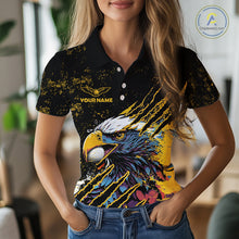Load image into Gallery viewer, Womens Golf Polo Shirt Custom Yellow And Black Grunge Ripped Eagle Grasping Golf Ball Golf Apparel NHN0057