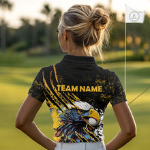 Load image into Gallery viewer, Womens Golf Polo Shirt Custom Yellow And Black Grunge Ripped Eagle Grasping Golf Ball Golf Apparel NHN0057