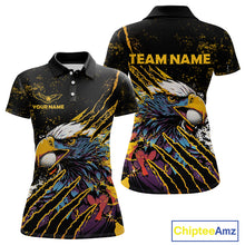 Load image into Gallery viewer, Womens Golf Polo Shirt Custom Yellow And Black Grunge Ripped Eagle Grasping Golf Ball Golf Apparel NHN0057