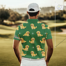 Load image into Gallery viewer, Golden Retriever Mens Golf Polo Shirt Custom Funny Green Pattern Team Mens Golf Tops, Dog Lover Gift NHN0214