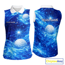Load image into Gallery viewer, Womens Sleeveless Golf Polo Shirt Blue Water Splash Golf Ball Custom Name Golf Tops For Team NHN0221